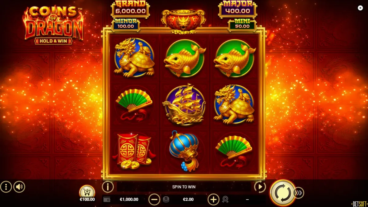 Interface do slot Coins of Dragon com tema oriental e grade 3x3